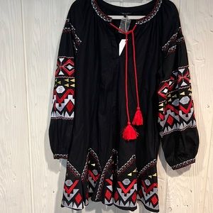 FREE THE ROSES Tunic Fit and Flare Dress puff sleeves embroidery L Anthropologie